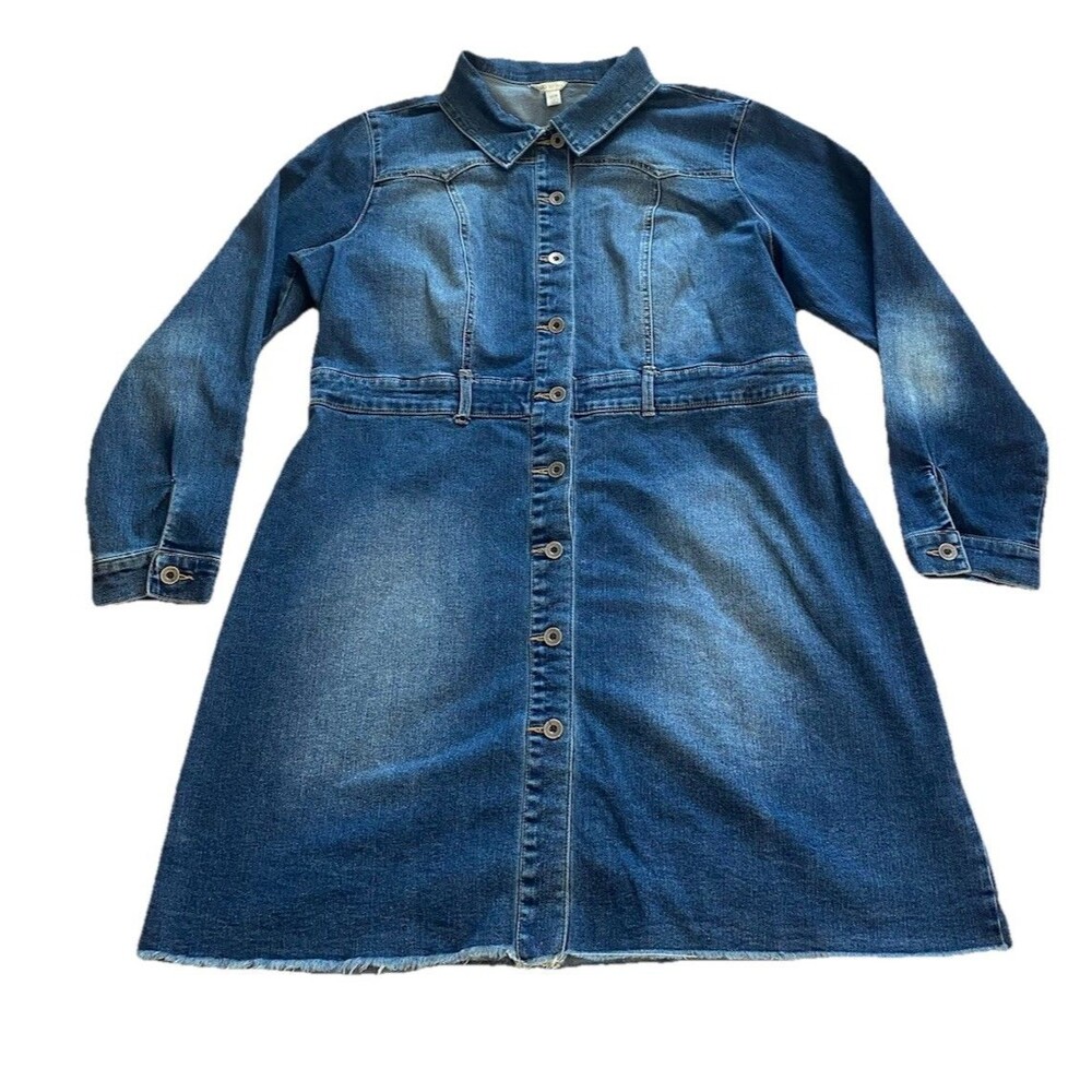 Cato Western Stretch Denim Shirt Dress Frayed Raw Hem Blue Plus Size 16W EUC - Picture 2 of 16